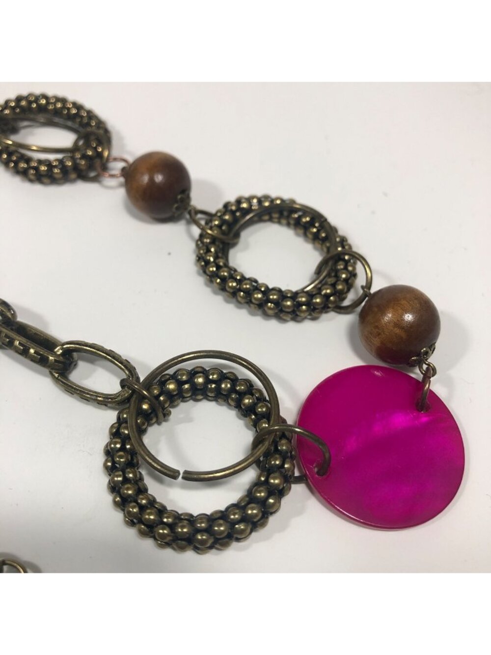 Boho Statement Necklace Brass Rings Wood Beads Pink Disc Pendant